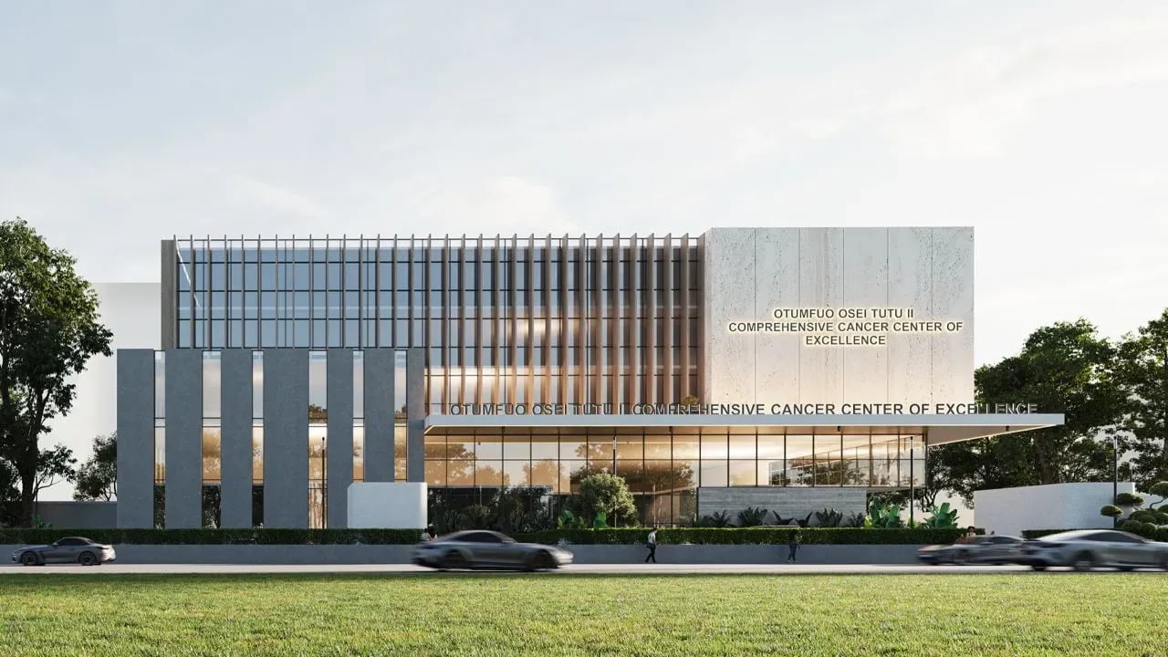 Architect's render of the Otumfuo Osei Tutu II Comprehensive Cancer Center of Excellence — front elevation