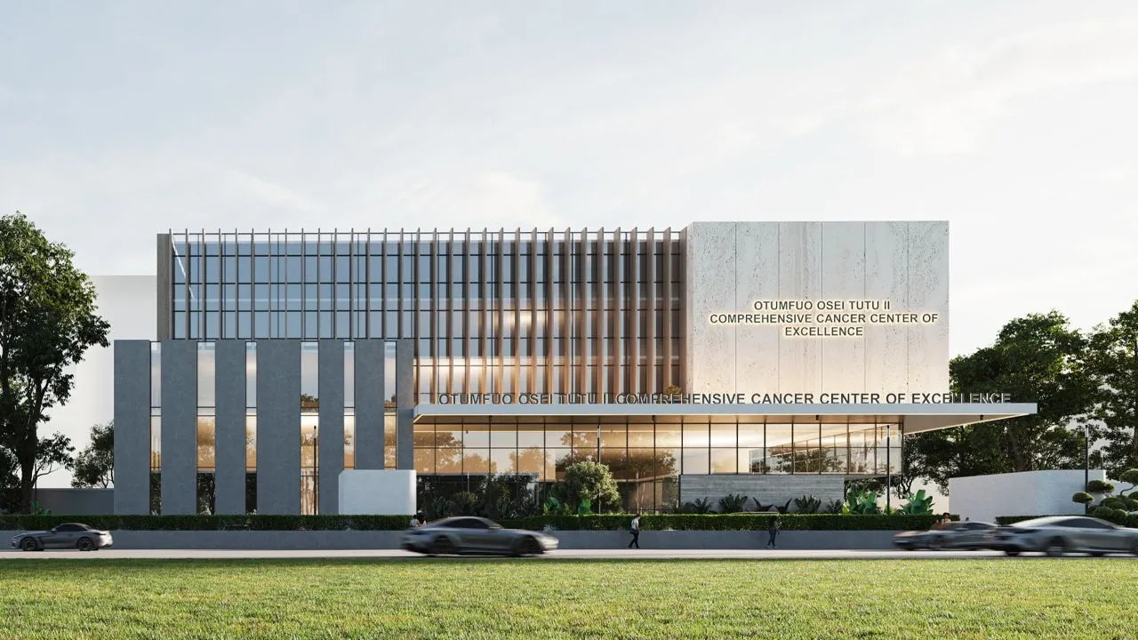 Architect's render of the Otumfuo Osei Tutu II Comprehensive Cancer Center of Excellence — front elevation